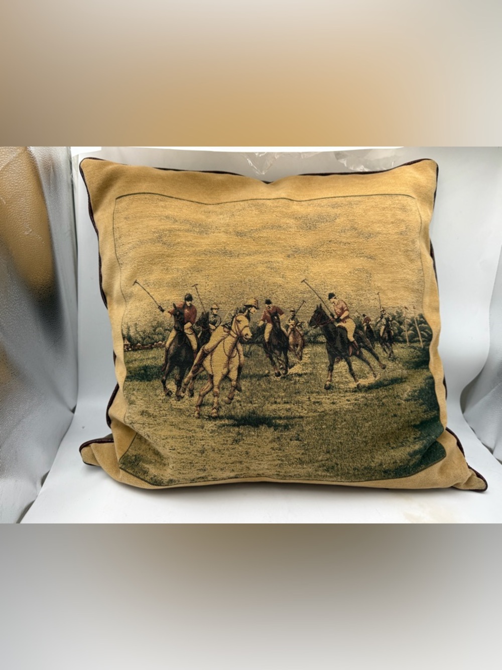 24” Vtg Equestrian Polo Throw Pillow Ashford Court Tapestry. In great condition,